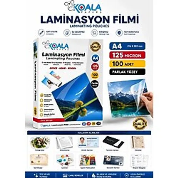 A4 125 Micron 100 Adet Çalışma Kağıdı Koruma Laminasyon Poşeti