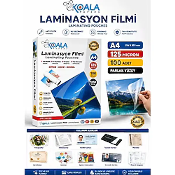 A4 125 Micron 100 Adet Okul Proje Kağıdı Laminasyon Filmi