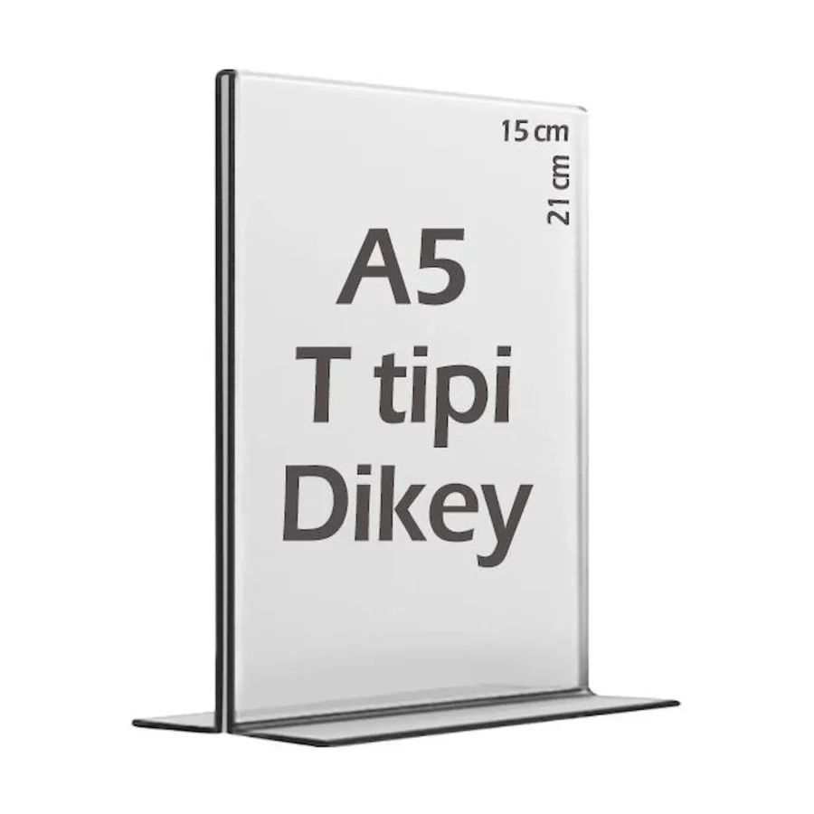 A5 T-Tipi Dikey Şeffaf Pleksi Mika Föylük Menü Broşürlük Etiketlik