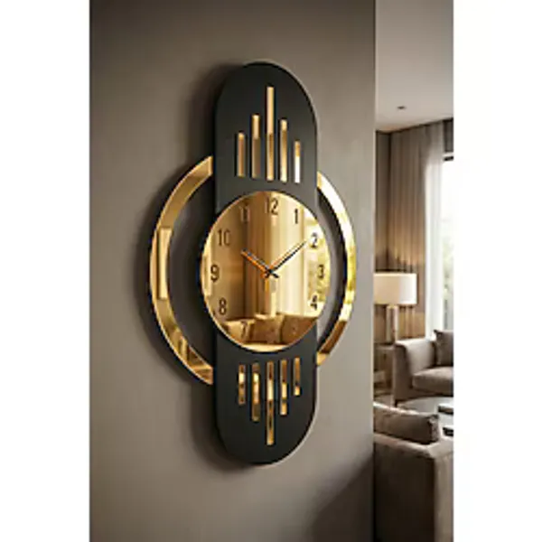 AA Shop 70cm Siyah Renk Gold Altın Detaylı Sayılı Hediyelik Ahşap Dekoratif Sessiz Büyük Boy Duvar Saati