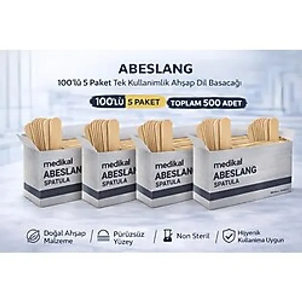 Abeslang 100'LÜ 5 Paket Tek Kullanımlık Ahşap Dil Basacağı Non Steril Medikal Spatula Toplam 500 Adet