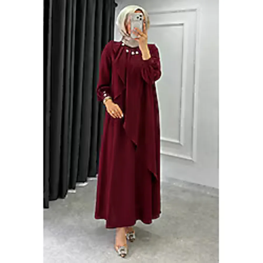 Abiye Diyarı Kadın Krep Kumaş Yakası İnci Detaylı Levanur Tesettür Elbise