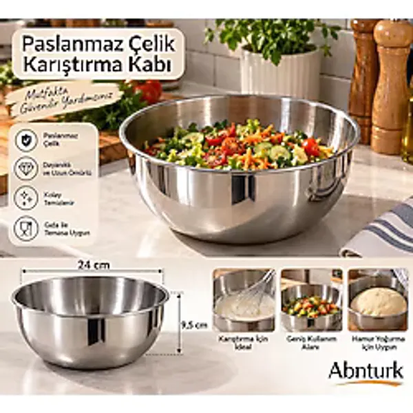 Abnturk Paslanmaz Çelik Karıştırma Kasesi 24x9,5 cm Çok Amaçlı Hazırlık Kabı Dayanıklı Gri