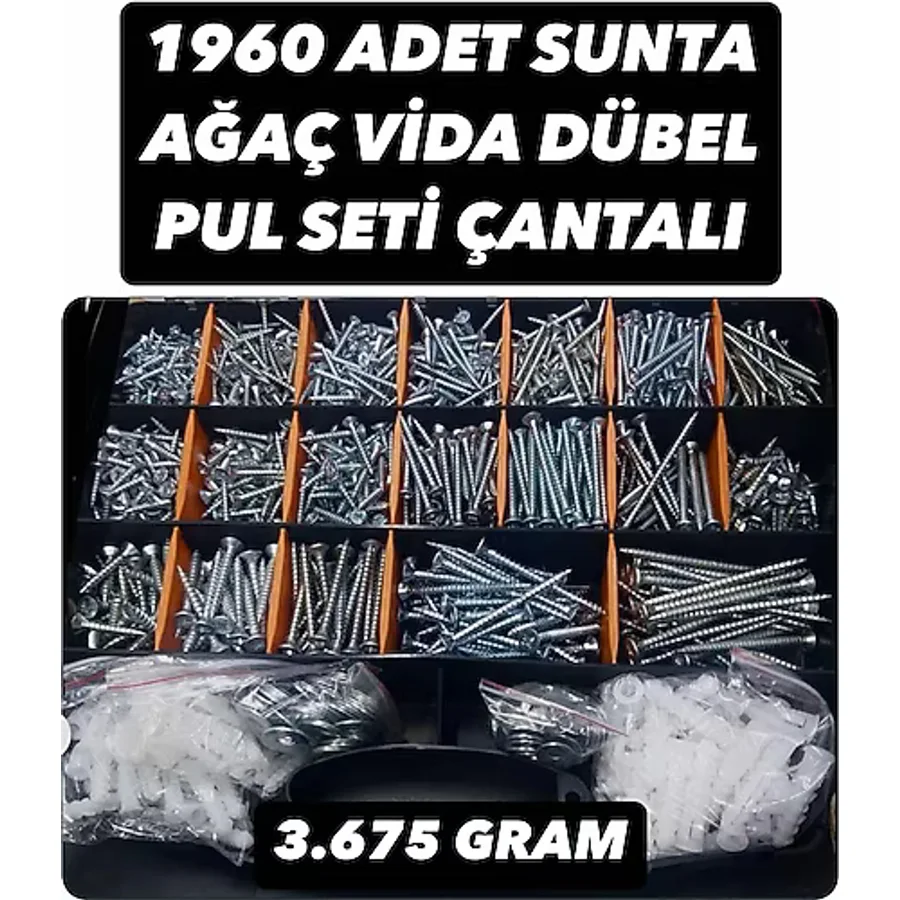 ACAR CİVATA 1960 ADET SUNTA AĞAÇ VİDA DÜBEL PUL SETİ 3675 GRAM KUTULU