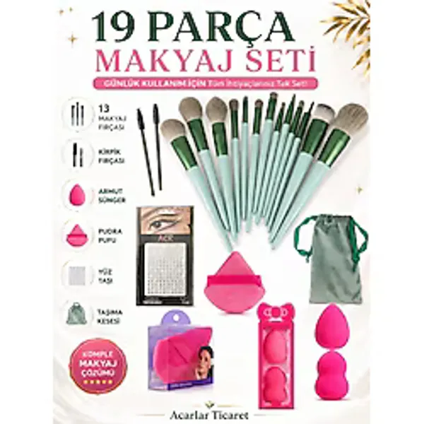 Acarlar Ticaret 19 Parça Lüx Keseli Makyaj Fırça Seti Makyaj Süngeri Ve Fırça Seti