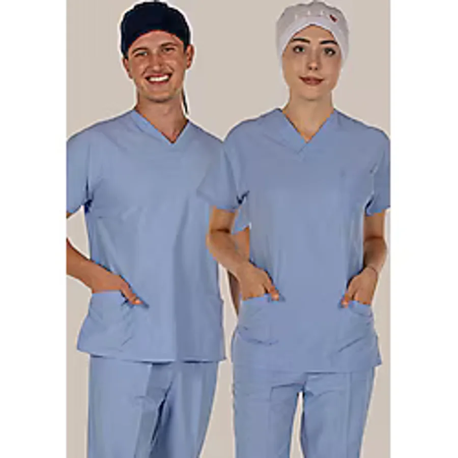 Açık Mavi Üst Scrubs Terrycotton Doktor Hemşire Forma