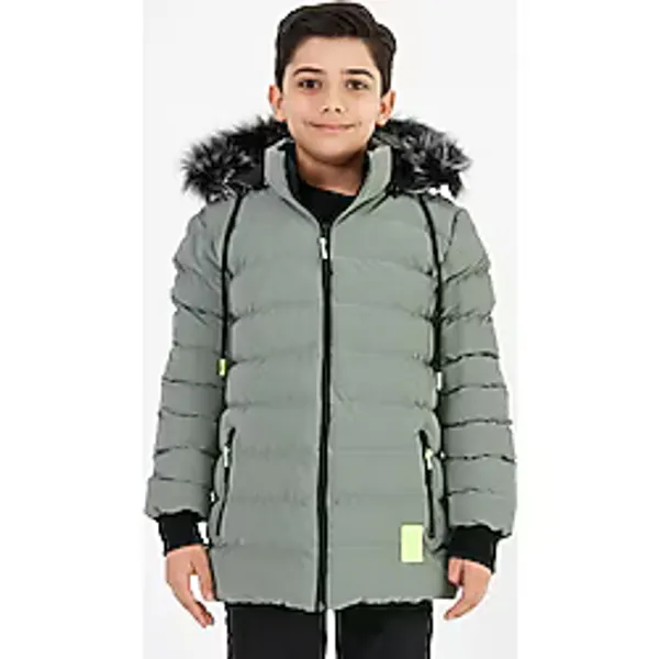 Açık Yeşil Erkek Çocuk Çıkartılabilir Kapüşonlu Şişme Deri Karışımlı Kumaş Mont&Kaban