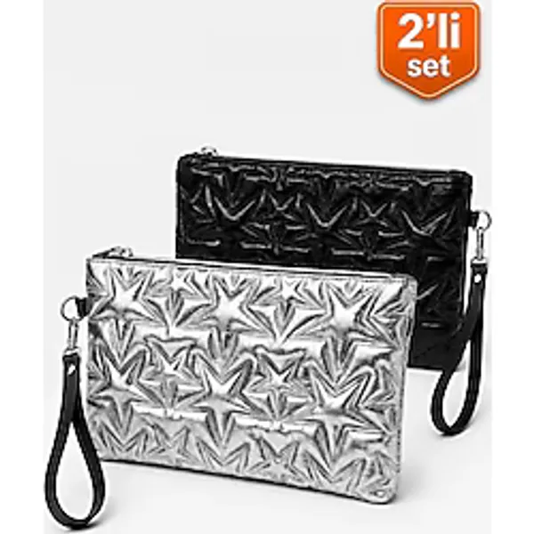 Adelina Bags 2'li Çanta Paketi Yıldız Desenli Portföy El Çantası Bilek Askılı Clutch Çanta