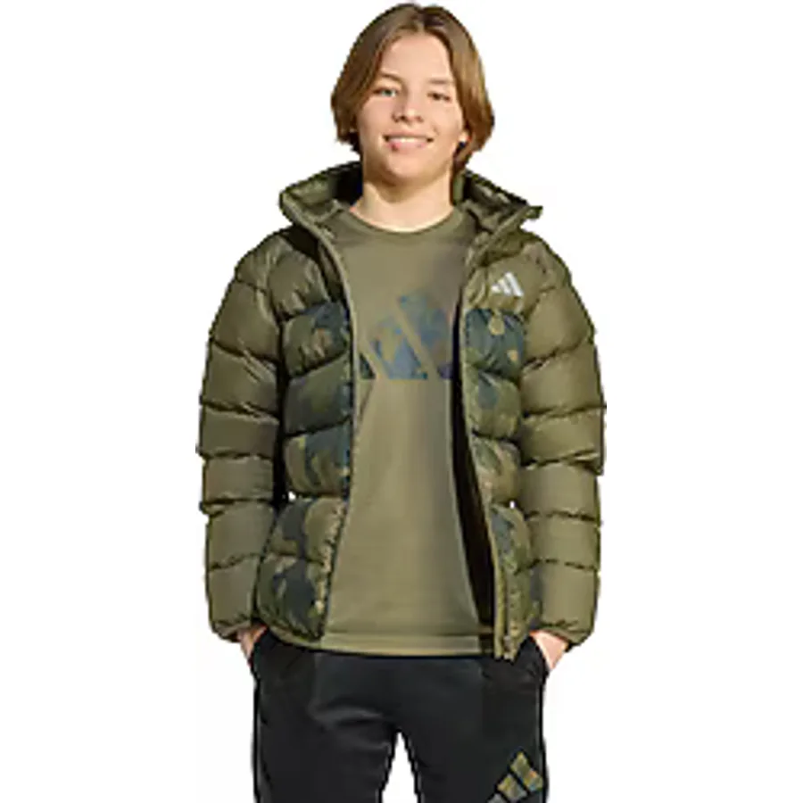 Adidas Synthetic Down Allover Print JL7398 Kapüşonlu Yeşil Çocuk Şişme Mont