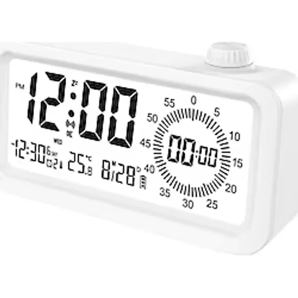 adornist - Dijital Çalar Saat ve Geri Sayım Zamanlayıcı - Döner Düğmeli Sessiz Masa Saati, Sıcaklık/Tarih Göstergeli LCD Ekran, 3 Alarm, Erteleme, Gece Lambası - Öğrenci/Ofis/Mutfak, Beyaz