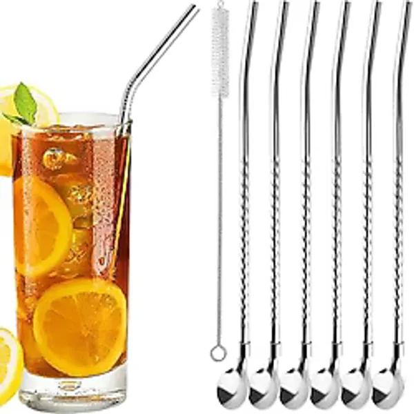 AEE 7'li Paslanmaz Çelik Kaşıklı Metal Pipet Seti 6 Adet Pipet ve Pipet Temizleme Fırçası Cam Pipet