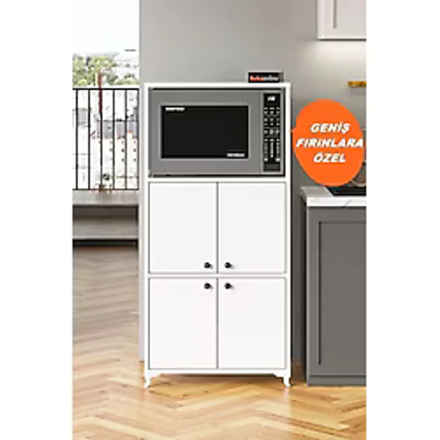 AEKA AE-2065 Nergis Beyaz Çok Amaçlı Mutfak Dolabı&Banyo Dolabı, 4 Kapaklı, Mikrodalga Fırın Dolabı,Raflı
