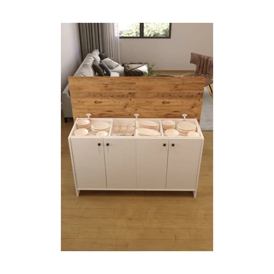 AEKA AE-2080 Patentli Ayder Mutfak Adası Bar Masası Yemek Masası Dolaplı, Beyaz/Çam Raflı, Çok Amaçlı