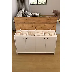AEKA AE-2080 Patentli Ayder Mutfak Adası Bar Masası Yemek Masası Dolaplı, Beyaz/Çam Raflı, Çok Amaçlı