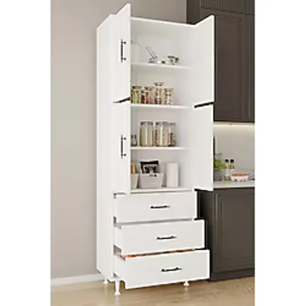 Aeka AE-3020 Irmak Beyaz/beyaz 4 Kapaklı Çok Amaçlı Dolap 3 Çekmeceli Raflı Mutfak Kiler Banyo 195X63X35 Çok Amaçlı Dolap
