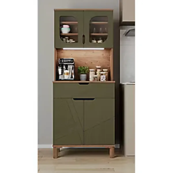 AEKA AE-9001 Barista Atlantik Çam/Haki Yeşil Çok Amaçlı Kahve Köşesi Mutfak Kiler Dolabı Cam Kapaklı Ledli Çekmeceli 79,6 x 40 x 195,8 cm
