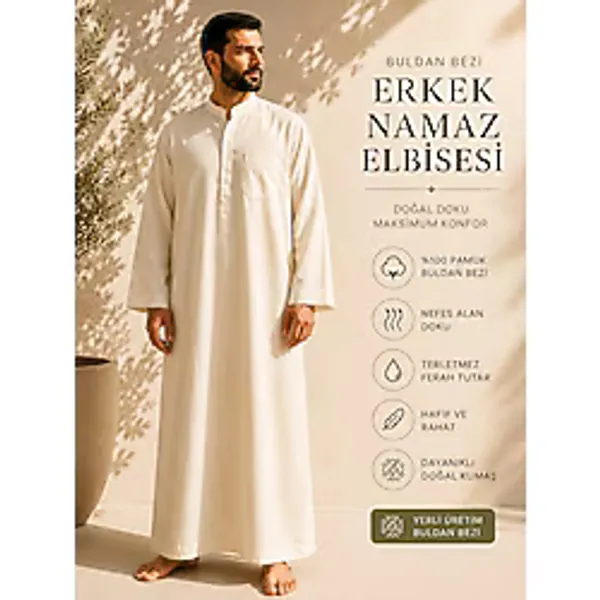 Afil Collection ince Buldan Bezi Bol Kesim İnce Erkek Namaz Elbisesi %100 Pamuk Nefes Alan Yazlık Rahat Kesim krem