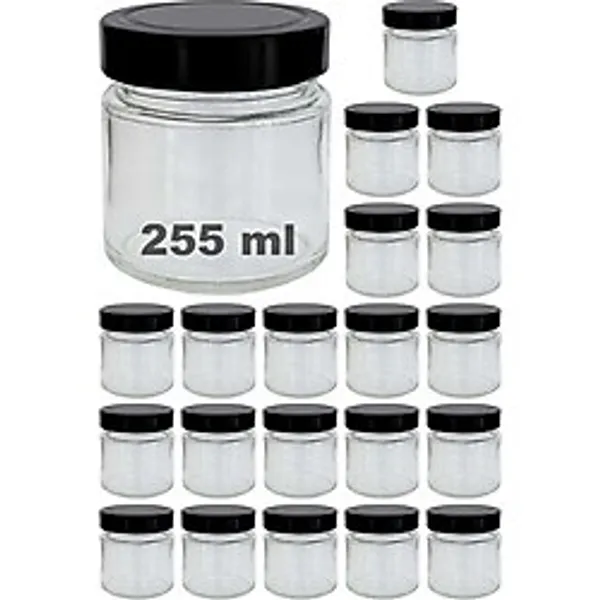 Afracam 255 ml Kavanoz Siyah Derin Kapaklı 255 cc Şeffaf Reçel, Marmelat Cam Kavanoz Deep 20 Adet