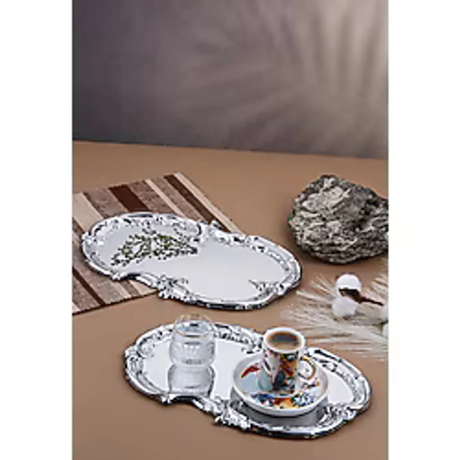 AHİR TİCARET Gümüş Artnova Işleme Desenli Kahve Ve Sunum Tepsisi 2 Adet