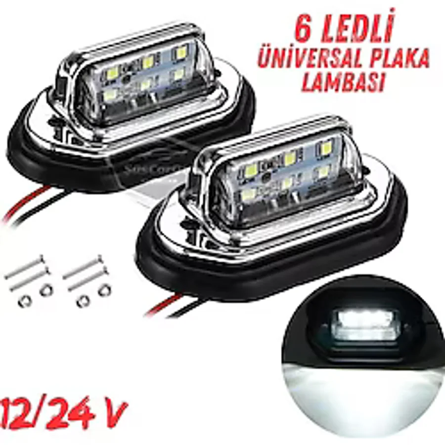 AHMET OTOMOTİV Üniversal Plaka Lambası 6 Led Güçlü Işık Su Geçirmez Krom Plaka Işığı Oto Aydınlatma 12/24V 2 Adet