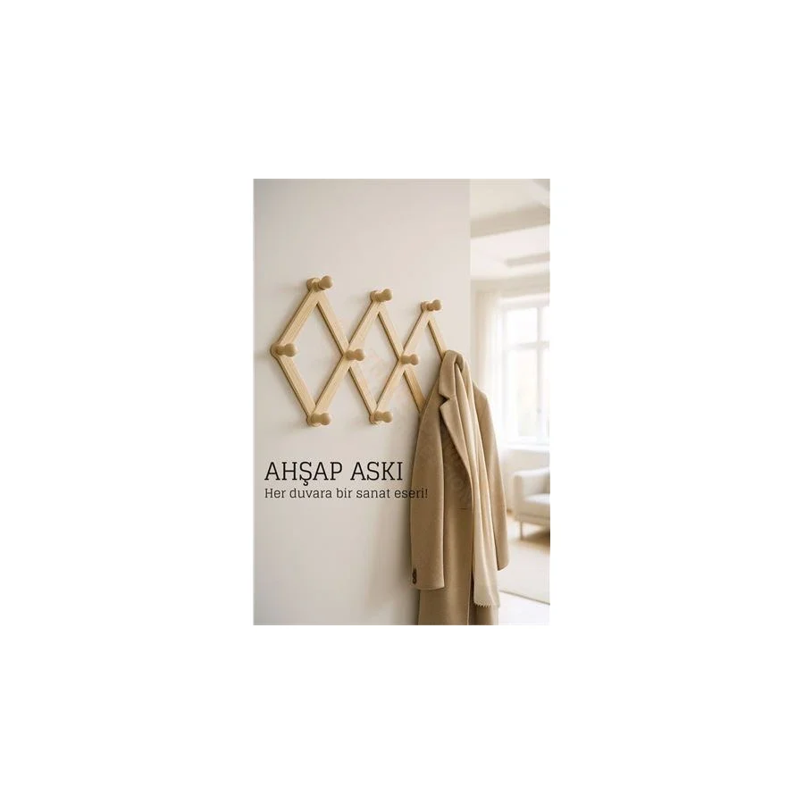 Ahşap Akordeon Duvar Askısı - Dekoratif, Çok Amaçlı, 10 Kancalı Akıllı Askılık
