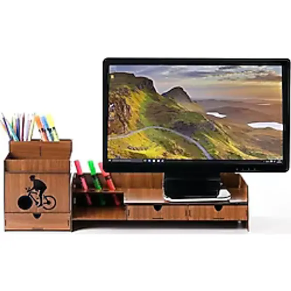 Ahşap Bisikletli Masaüstü Organizer Kalemlik ve Monitör Yükseltici Set, MNT001 - Çok Renkli