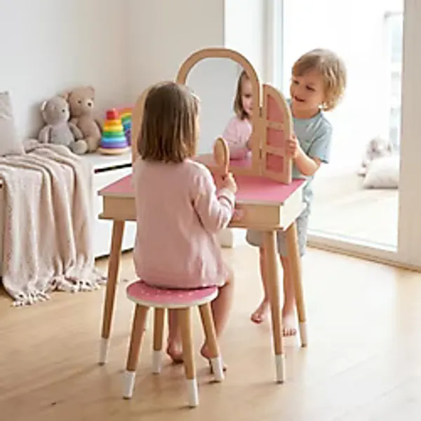 Ahşap Çocuk Makyaj Masası ve Tabure Seti - Çekmeceli Aynalı Oyuncak Masa - Pembe T3033