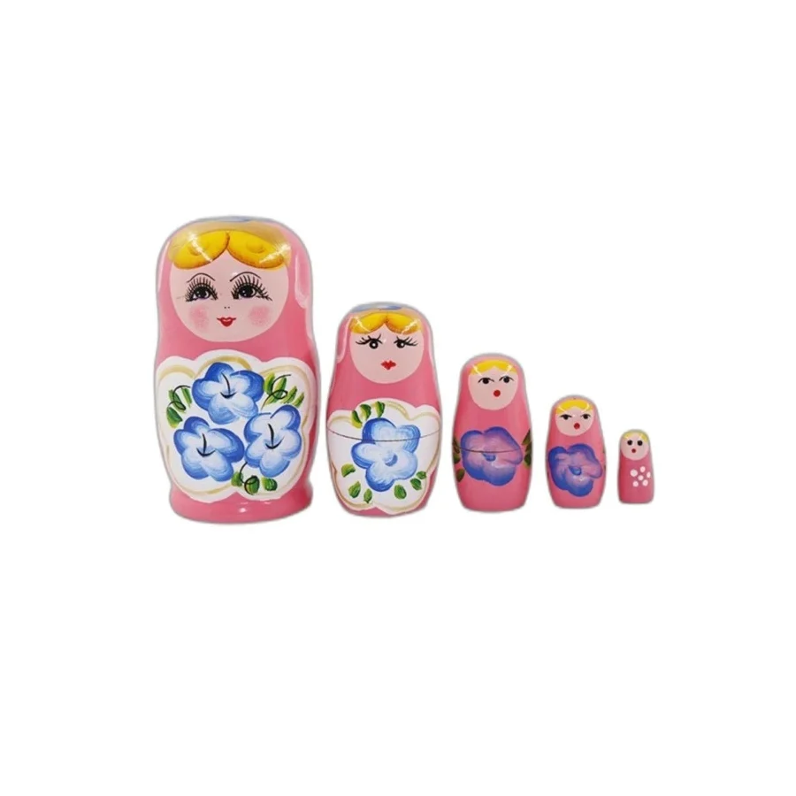 Ahşap Matruşka Bebek Beşli Set Pembe