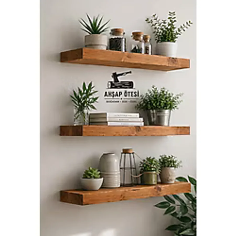 AHŞAP ÖTESİ 3'lü Doğal Ahşap Duvar Rafı Seti - 50/70 cm, Gizli Askı Sistemli, Dekoratif