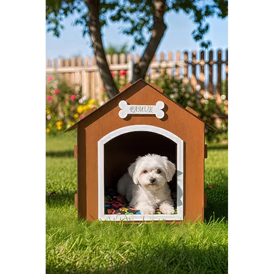 Ahşap Özel İsim Baskılı Dekoratif Köpek Evi-Kulübesi, Küçük Irk Köpekler İçin Kulübe, Köpek Kulübesi Kahverengi