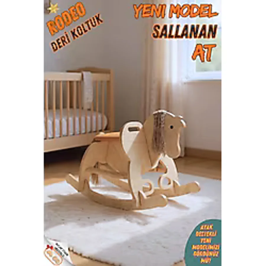 Ahşap Sallanan At-Deri Koltuklu-Ayak Destekli-(Yeni Model) - Kahverengi