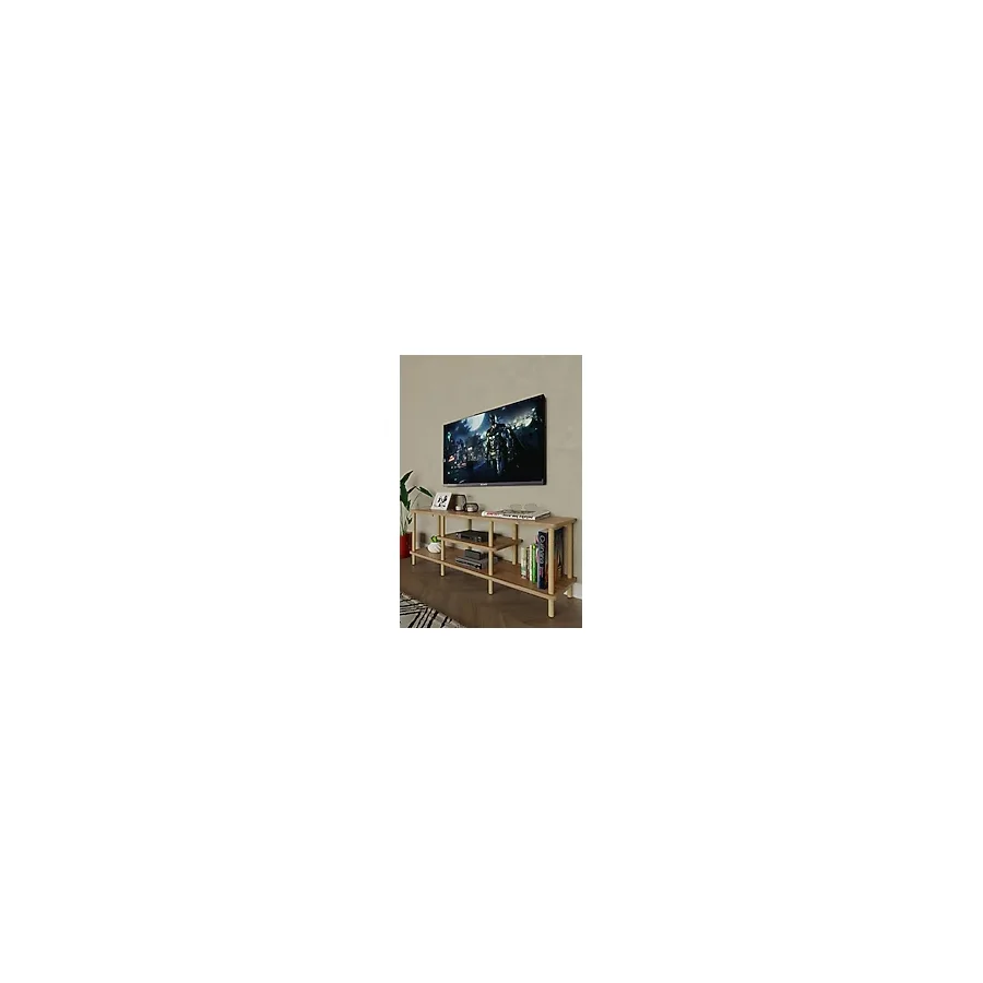 Ahşap Tv Ünitesi - 120 cm - 3 Katlı Açık Raflı Televizyon Sehpası - 30X43X120 cm - Atlantik Çam