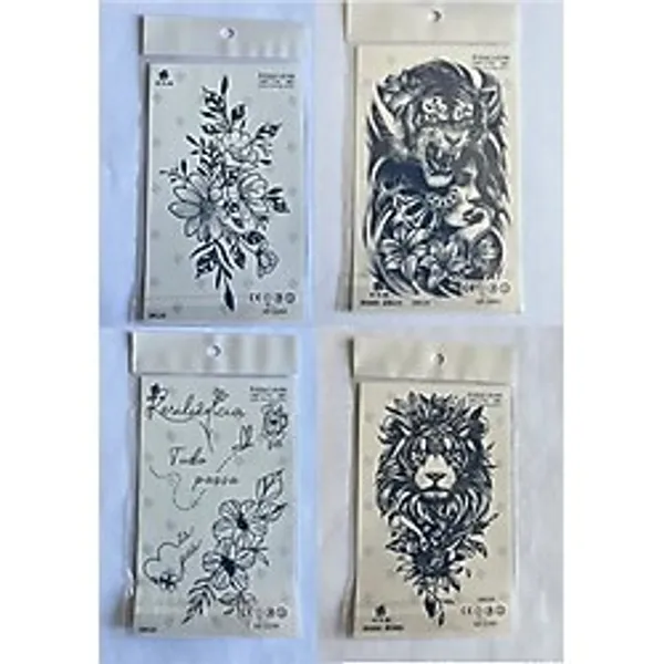 Airbrush Tattoo Kaplan Çiçek 4 Adet Birden 3 Hafta Kalıcı Geçici Yapıştırma Dövme 18X11 Cm