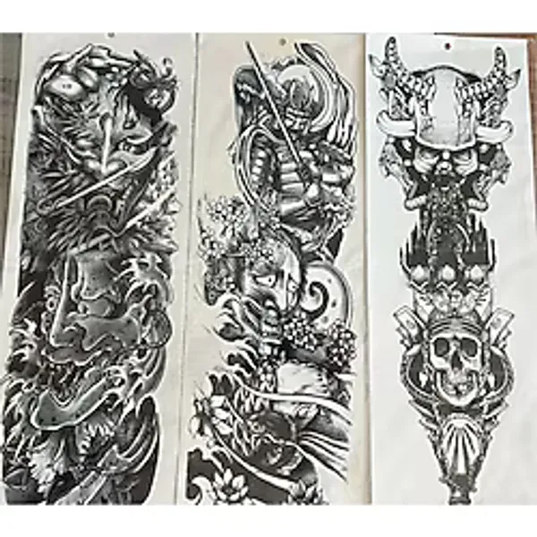 Airbrush Tattoo Tam Kol Kaplama 3 Adet Birden 48 Cm Geçici Dövme Savaşçı Kuru Kafa