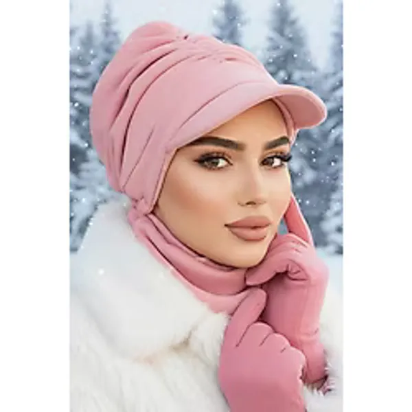 Aişe tesettür Pudra Kışlık Büzgülü Tesettür Şapka Ve Etol Takım