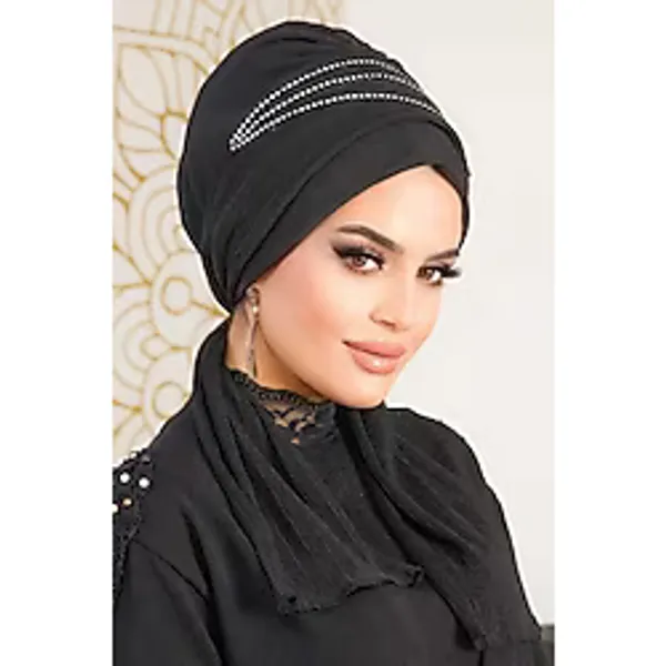 Aişe tesettür Siyah Taşlı Atkılı Abiye Bone - 60101
