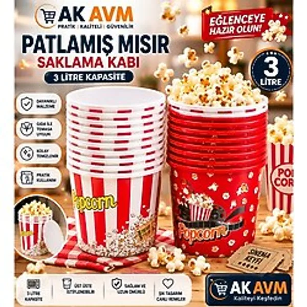Ak Avm 3 Litre Popcorn Kovası Patlamış Mısır Kovası Sinema Parti Atıştırmalık Servis Kabı - Beyaz - Kırmızı