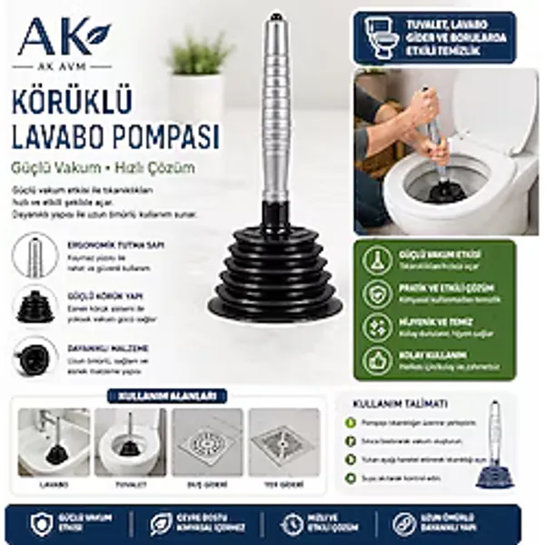 Ak Avm Lavabo Açma Pompası Körüklü Vakumlu Gider Açıcı Banyo Mutfak Klozet Tuvalet Pompası - 1 Adet