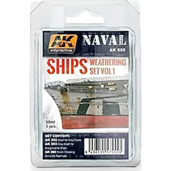 AK Interactive 555 3x35 ml. Deniz Araçları Eskitme Efekti VOL.1 Enamel Maket Boyası Seti