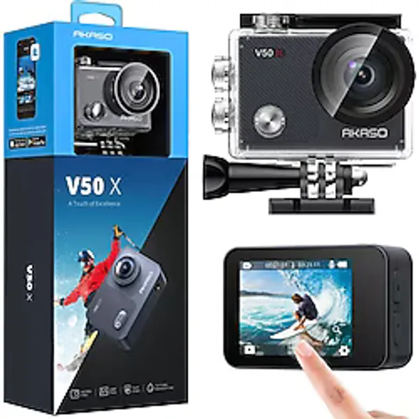 Akaso V50X 4K 30FPS Aksiyon Kamera ve Aksesuar Seti 20MP Wifi Aksiyon Kamerası Ipx7 Su Geçirmez Eıs 2.0 Çift Ekran, Dokunmatik Ekranlı, 2x 1350MAH Pil ve Aksesuar Kiti - Ahşap