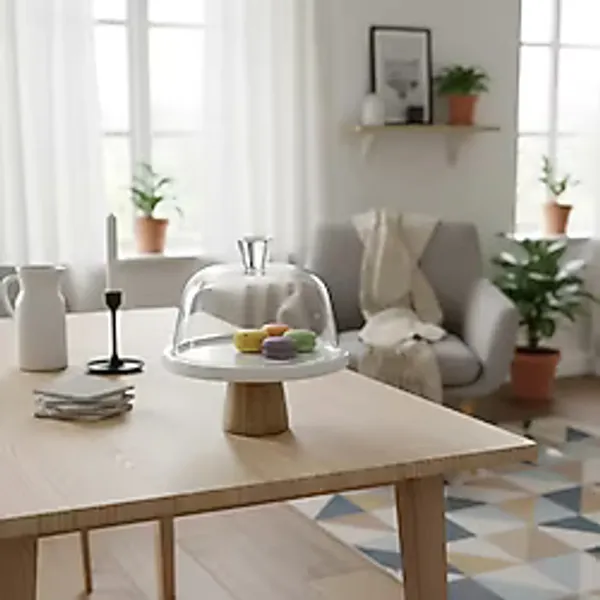 Akayev Mermer 25 cm Ahşap Konik Ayaklı Kalın Beyaz Cam Fanus