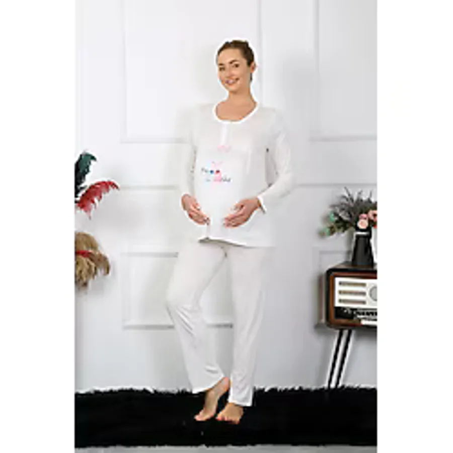 Akbeniz Kadın Uzun Kol Hamile Lohusa Pijama Takımı Ekru 45501