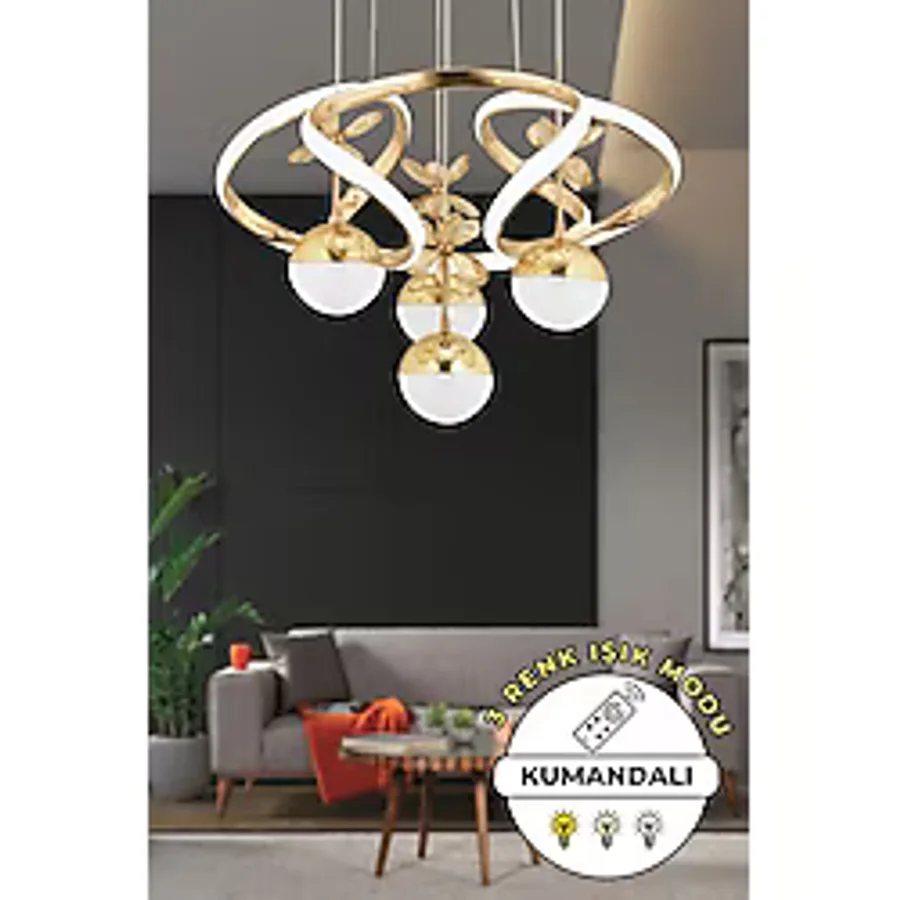 Akgül Octavia Kumandalı 3 Renk Işık Özellikli Modern Gold Kaplama Sarkıt LED Avize Salon Avize