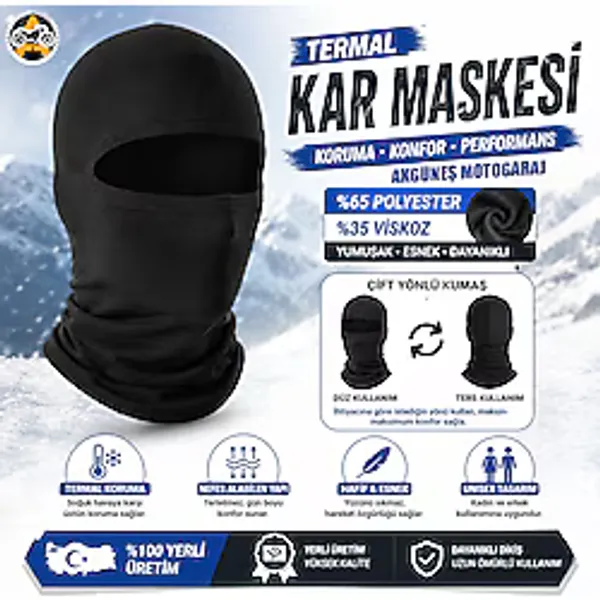 Akgüneş Motogaraj Termal Kar Maskesi Balaklava Motosiklet, Kayak, Snowboard Ve Bisiklet İçin Rüzgar Geçirmez Boyunluklu Kışlık Yüz Maskesi Siyah