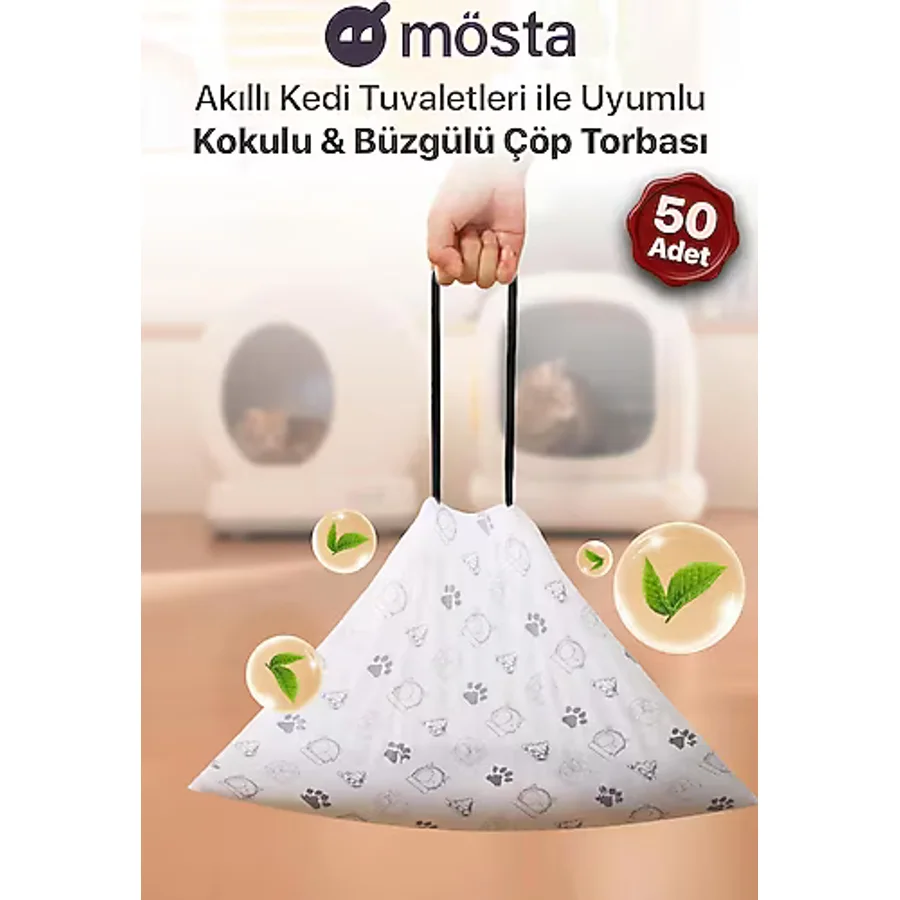 Akıllı Kedi Tuvaletleri ile Uyumlu Kokulu & Büzgülü Çöp Torbası- 50'li Paket, Dayanıklı, Sızdırmaz, UBPet C10 Pro ve C20 Uyumlu, 4 Litre