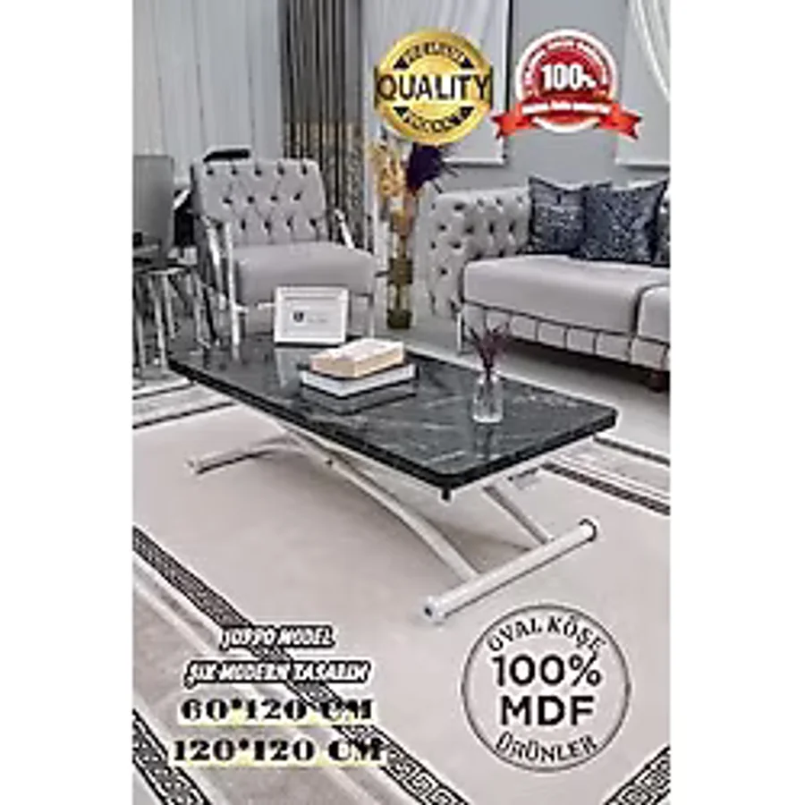 Akıllı Sehpa Juppo Üst Tabla Mdf Oval Köşe Siyah Mermer Mermer Alt Ayak Beyaz Dışa Kıvrım