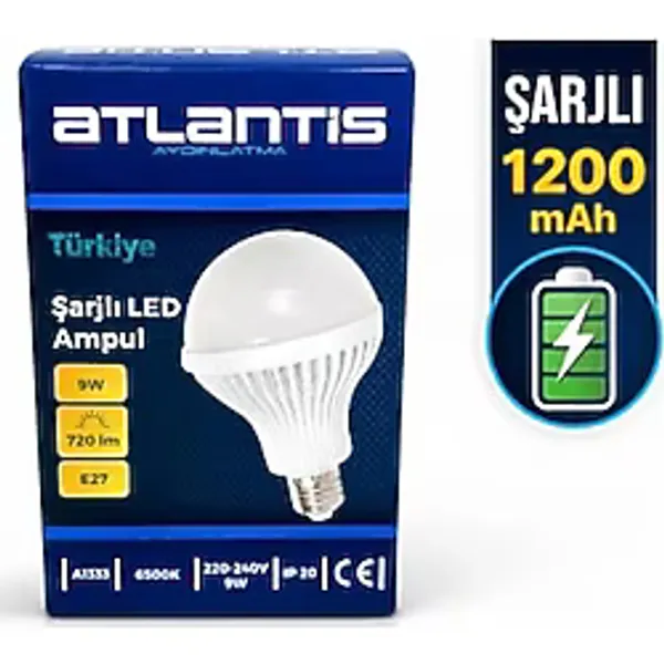 Aksu Atlantis Şarjlı Led Ampul 9W E27 1200Mah - 720 Lümen, 6500K Beyaz Işık, Elektrik Kesintilerine Karşı Acil Aydınlatma