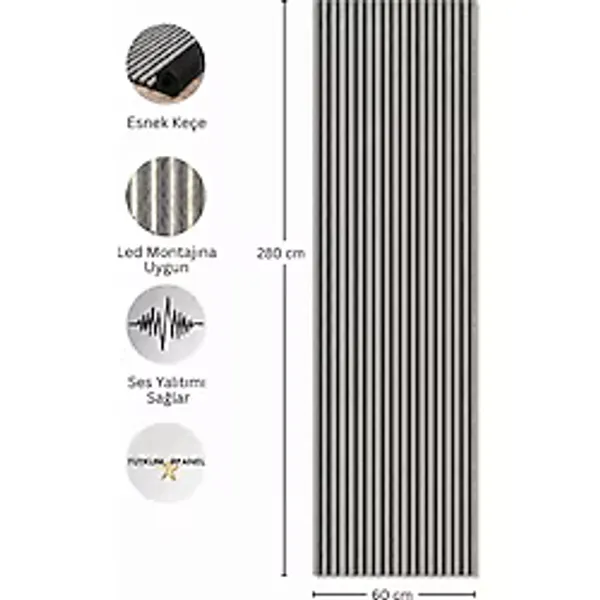 Akustik Duvar Paneli Çıtalı Mdf Ahşap Ses Yalıtımlı Dekoratif Duvar Kaplama Slat Wall Panel Keçeli Tv Arkası Dekor Kaplama 60X280 cm - Retro Gümüş Koyu Gri Taş - 60 x 280 cm - Koyu Taş