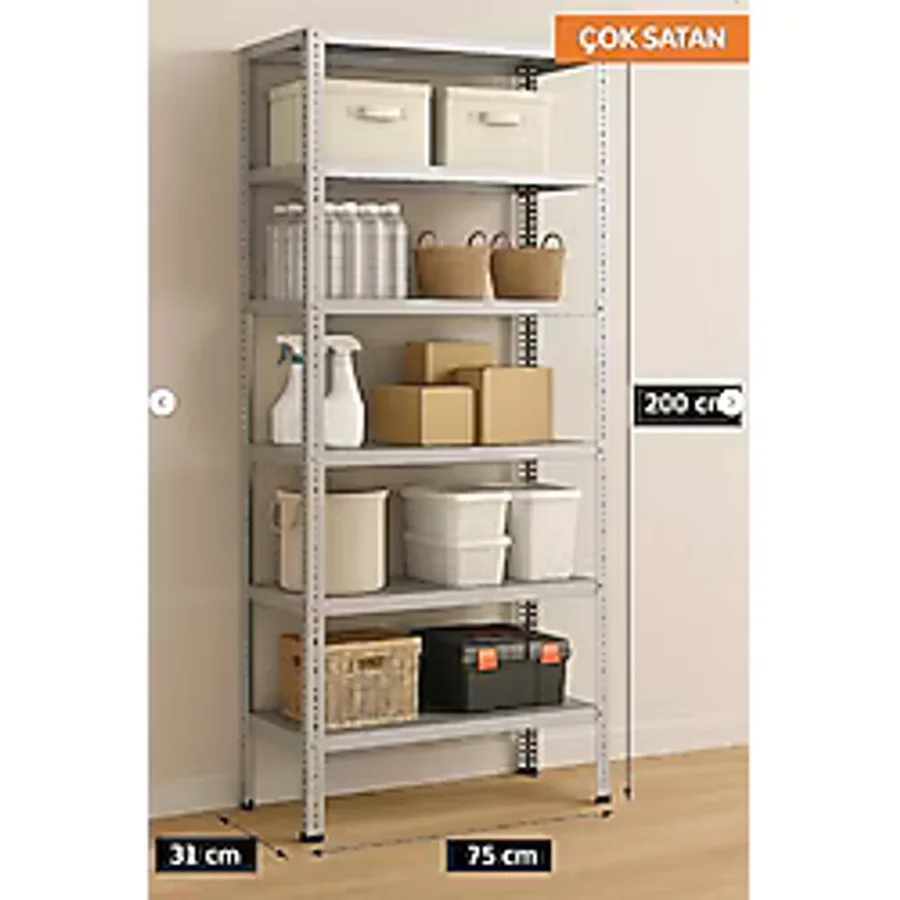 Alanraf 6 Katlı Galvaniz Çelik Raf - Depo, Arşiv, Kiler, Dosya, Market Rafı 31X75 CM-200 Cm-0.70 mm