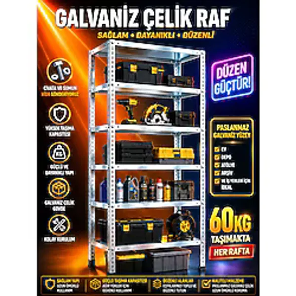 Alanraf Çelik Raf 6 Katlı 31X93X200 Dekoratif Raf Sistemleri, Depo Rafı, Arşiv Rafı, Kiler Rafı